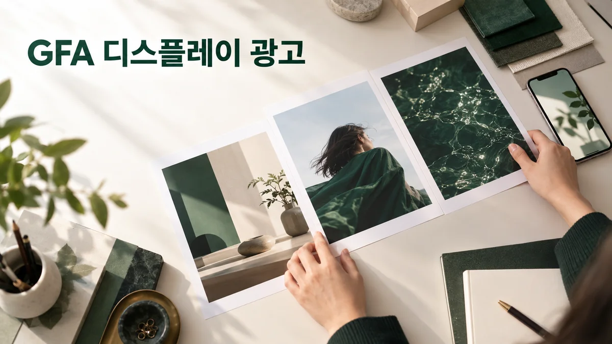 스마트폰과 포장 소재 옆에서 여러 광고 시안을 배열하는 손을 담은 기획 이미지입니다.
